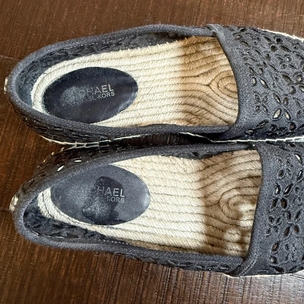 Michael Kors Darci Black Eyelet Espadrille Flats Jute Floral Laser Cut Slip On 7